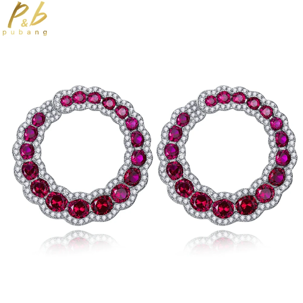 

PuBang Fine Jewelry 100% 925 Sterling Silver Ruby/White Gem Created Moissanite Vintage Hoop Earring for Women Gift Drop Shipping