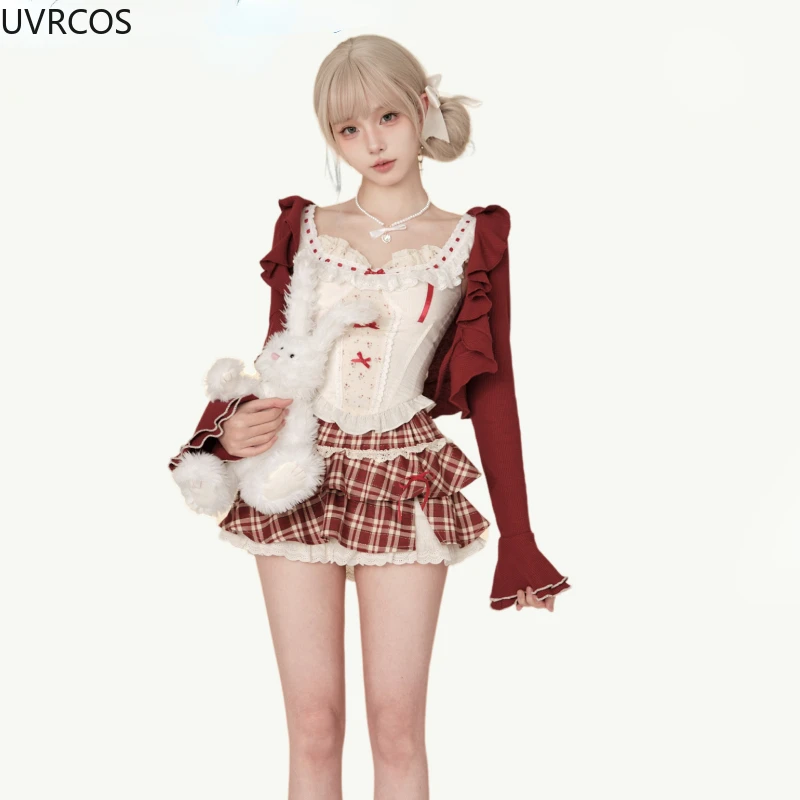 Kawaii Lolita Style Sweet 3 Piece Set Woman Cute Short Cardigan Bow Floral Vest Y2k Plaid Mini Skirts Female Korean Fashion Suit