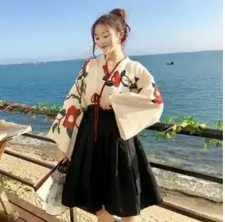 Japanese Style Floral Print Dress Long Kimono Skirt Kawaii Clothing   Party Robe Set Vintage Costume Asian Cosplay Women New