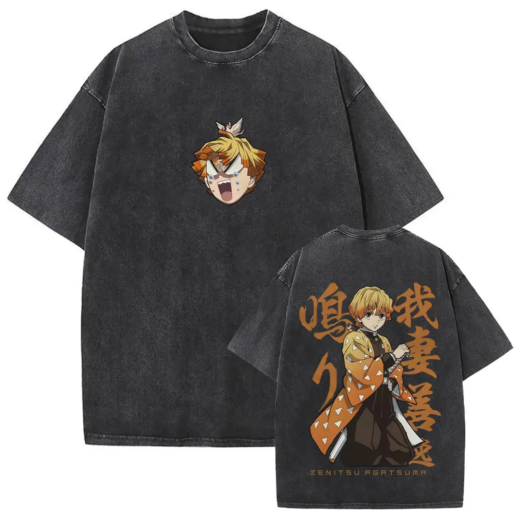 

Washed Vintage Anime Demon Slayer Agatsuma Zenitsu Graphic T Shirt Men Women Fashion Oversized Short Sleeve T-shirts Streetwear