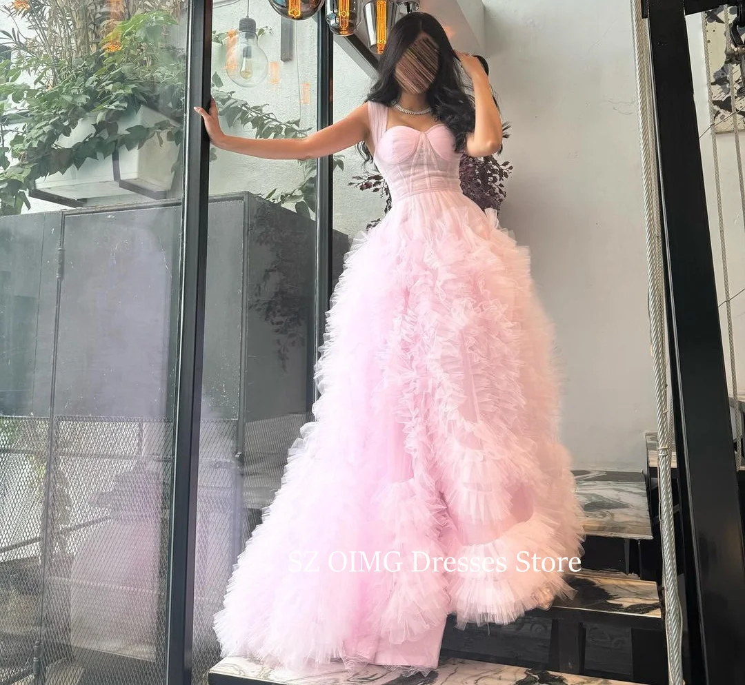 

OIMG Fashion Saudi Strapless Ruffles Vintage Prom Dresses Sleeveless Princess Pleated Tulle Evening Gowns Formal Party Dress