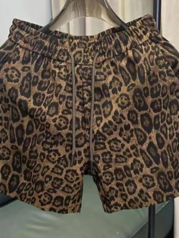 

American Retro Leopard Print Drawstring Shorts Men Summer Fashionable Handsome Personality Trendy Loose Casual Shorts Trend