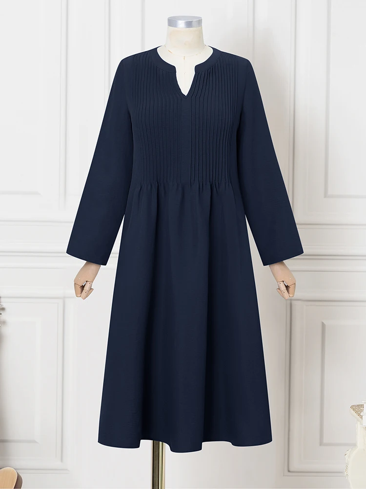 2025 ZANZEA Donna Elegante Scollo a V Abiti a maniche lunghe Autunno Ufficio Vestito estivo Solido Abito allentato Una linea Midi Robe Abiti a pieghe