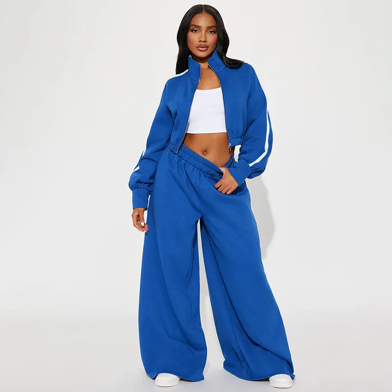 

Leosoxs Blue Two Piece Pants Set Sporty Outfit Women Long Sleeve Zipper Jacket Tops + Side Stripe Long Trousers Pant Suit Autumn