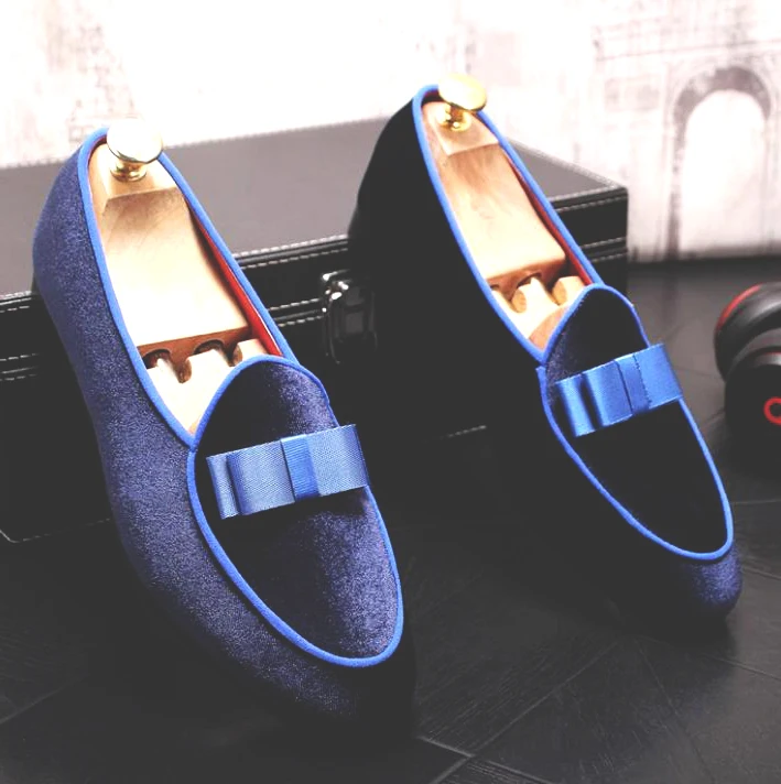 

Stylish Men Black Royal Blue Bow Velvet Loafers Shoes Gentleman Moccasin Gommino Men Party Leather Shoes Man Zapatos Hombre