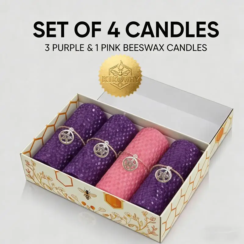 Handmade Beeswax Column Candles 4PCS (1Pink+3Purple) 5x10cm, Pentagram Charm Christmas Advent Candles, Eco-Friendly Festive Gift for Home Decor & Holiday Vibe