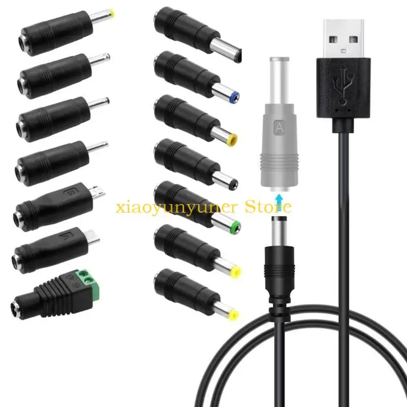 P9JB USB to DC5V 5521 Plug Charging Cord with 14 Adapter Plugs for Moon Lamp LED Light Mini Fan Camera Power Charging