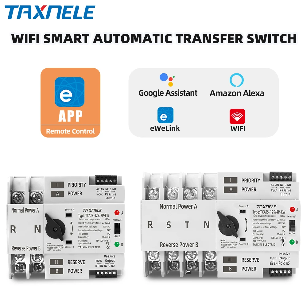 مفتاح نقل تلقائي للتحكم عن بعد الذكي من eWeLink WiFi 2P 3P 4P 125A AC 230V ATS محدد لإمدادات الطاقة دون انقطاع