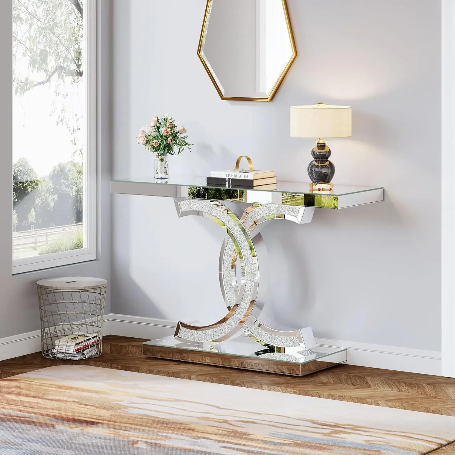 Mirrored Console Table, Modern Silver Entryway Table with Sparkling Crystal Inlays,  Mirror Finish for Entrance, Living Room