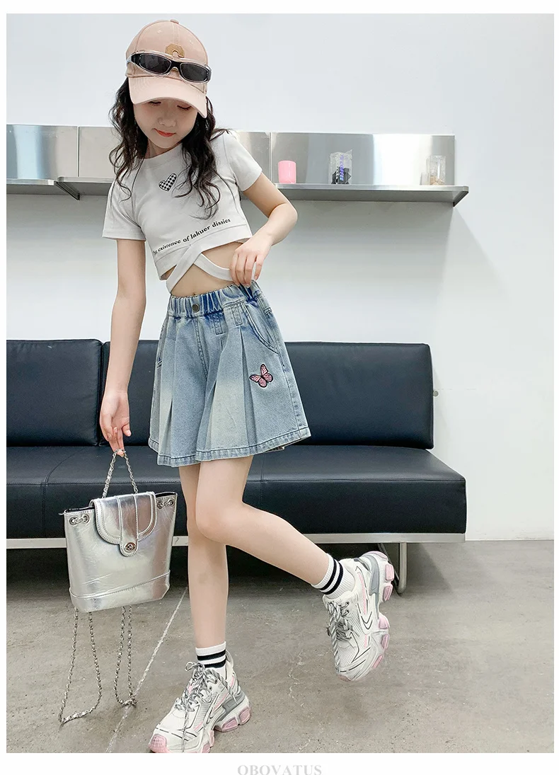 Modische Mädchen-Sommer-Denim-Shorts mit Schmetterling, elegante, modische, plissierte Shorts für Kinder und Teenager, lässige knielange Jeanshose, Größe 5-14 – Detail 5