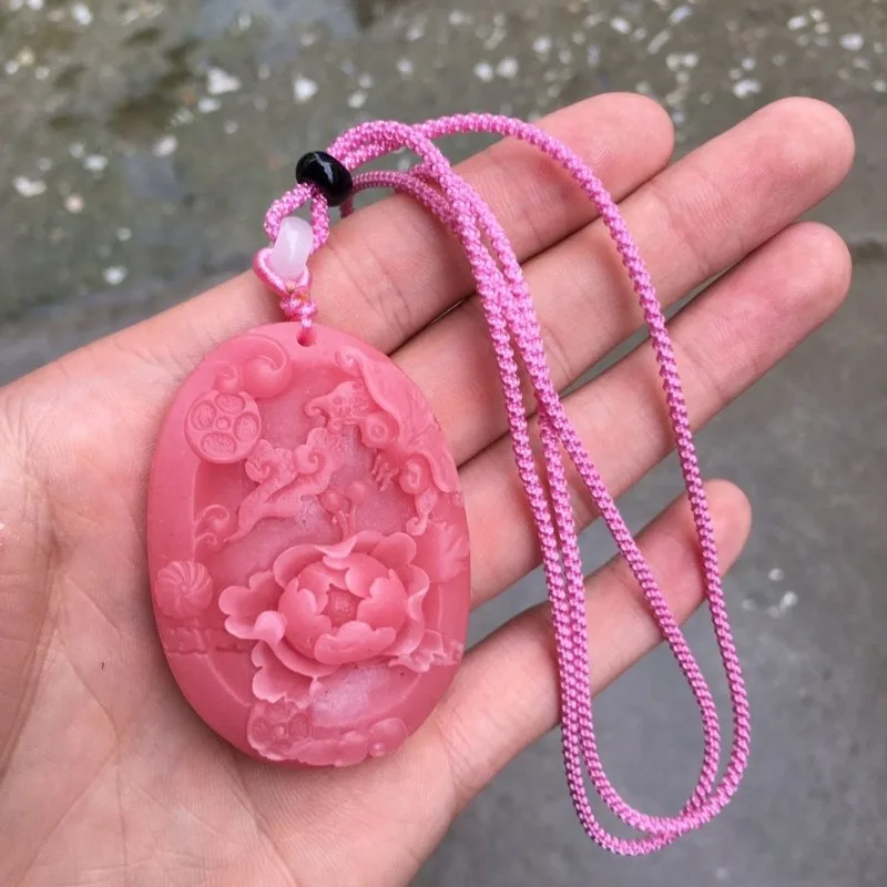 Natural Raw Stone CarvingLotus Powder Su Ji Stone Fortune Seeking Happiness Ensuring, and Safety, Kirin Handmade Carving Pendant