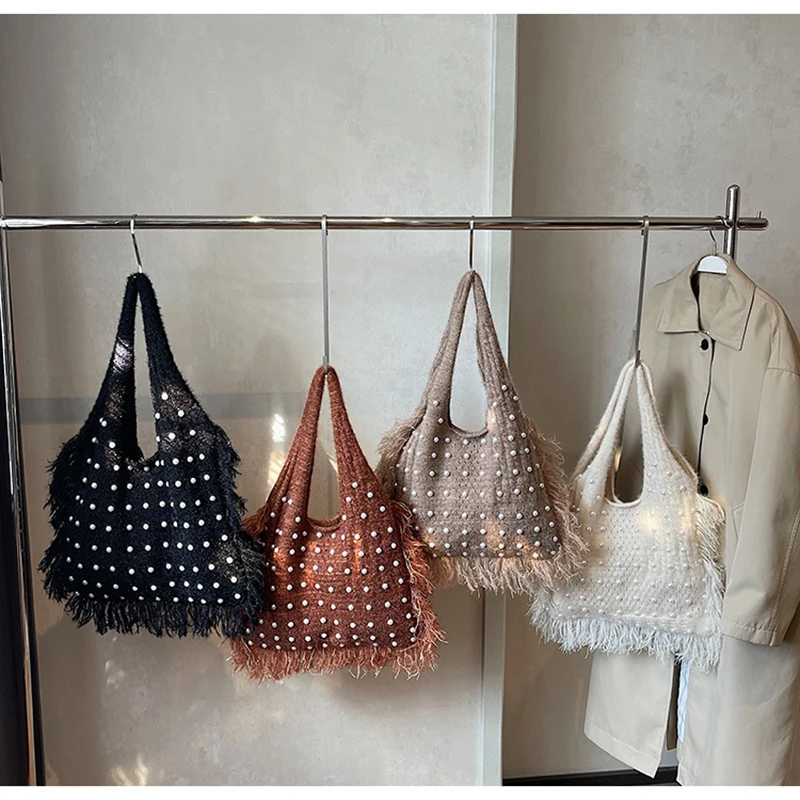 

Literary Style Cotton Thread Woven Bag New Pearl Tassel Shoulder Bag Casual Commuting Tote Bag Large Capacity Women's Square Bag