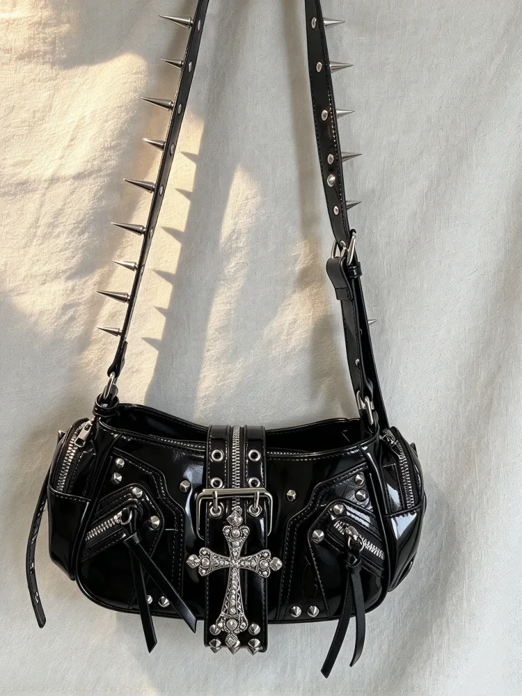 Women's Locomotive Style Black Punk Goth Design Bags Spice Girl Commuter Shoulder Bag Black Rivet Underarm Bag