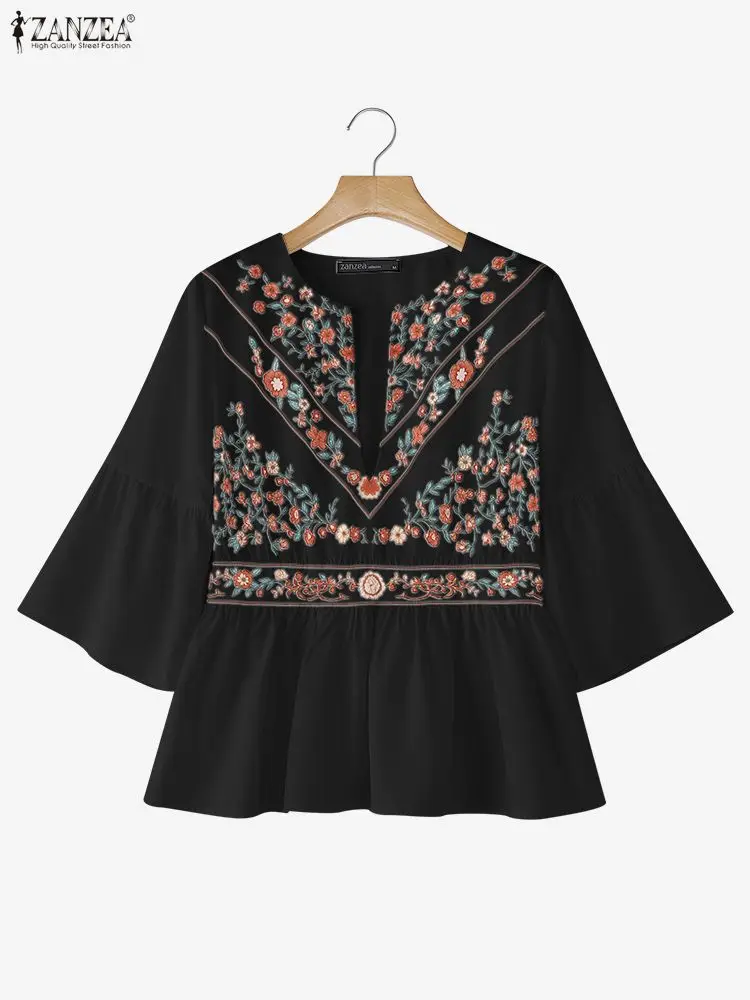 ZANZEA Donna Bohemain Camicetta stampata Camicia estiva Elegante scollo a V Manica a 3/4 Top da vacanza Donna Orlo arricciato Lavoro Blusas Oversize