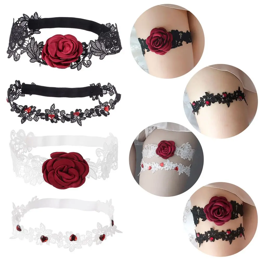 

Women Girls Gifts Rhinestones Bridal Garter Handmade Lace Leg Ring Set Red Rose Flower Garters Lace Embroidered Stretch Garter