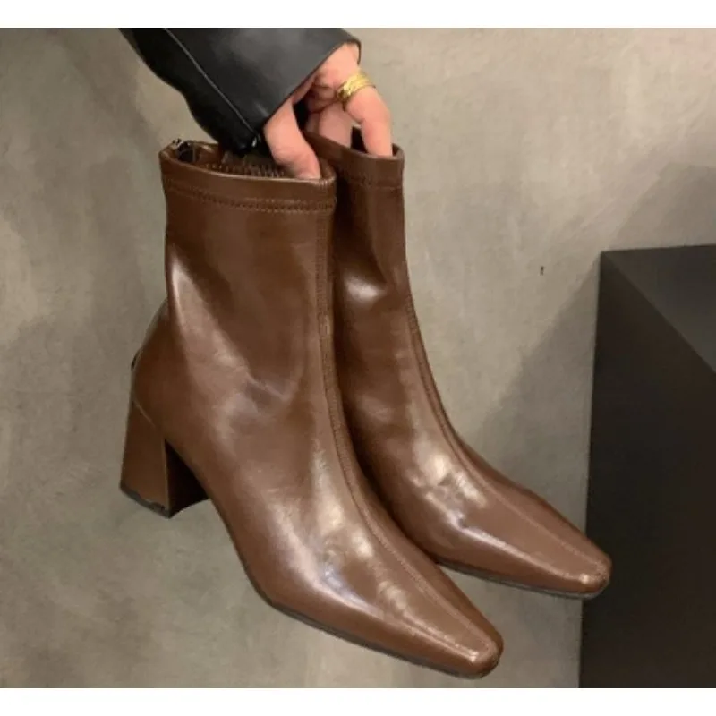 

New Style Women Pointed Toe Women Ankle Boots Fashion Thick Heel Slimming Short Booties Autumn Winter Soft Leather Female Shoes