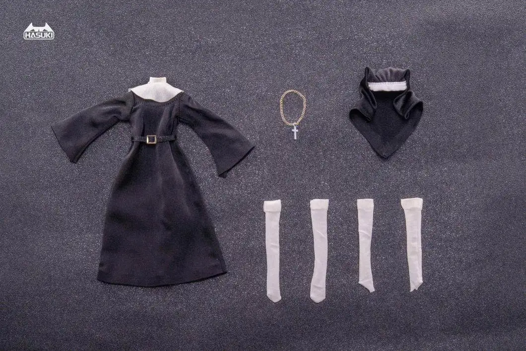 【Clothing Only】Hasuki CS017 CS018 1/12 Nun Long Dress Headscarf Necklace Stockings Clothes Set For 6inchs Mobile Suit Girl view 4
