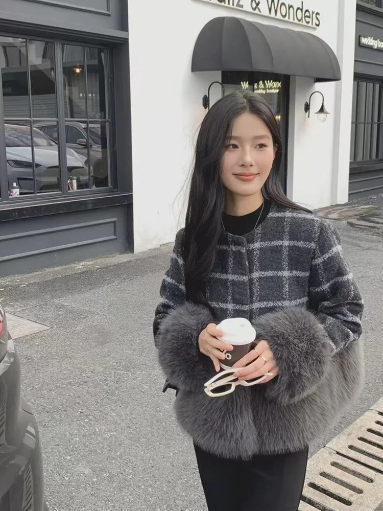 خمر منقوشة المرقعة سترة متماسكة المرأة الكورية شيك الفراء الاصطناعي خياطة سترات Y2K شتاء دافئ واحدة الصدر معاطف