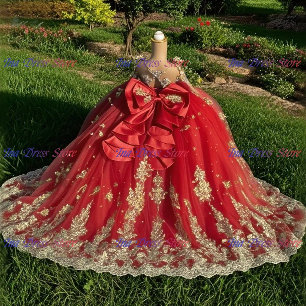 Customised Quality White Flower Girl Dress Tulle Fluffy Wedding Ball Dresses Gold Appliqué Princess Kids Birthday Party Gowns