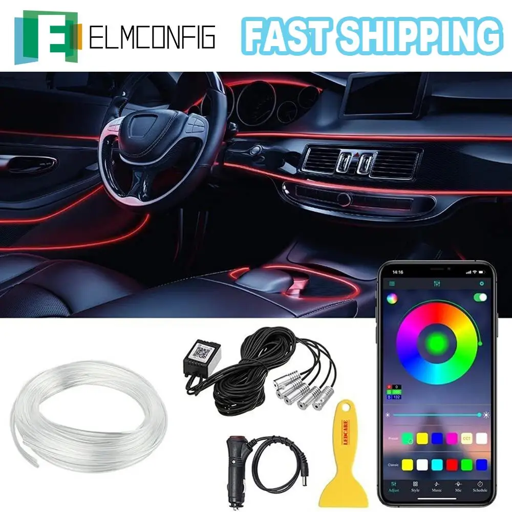 Car Interior LED Ambient Strip Lights RGB Fiber Optic Atmosphere Neon Lighting Kit W/ APP Remote Control Auto Decorative Lamps