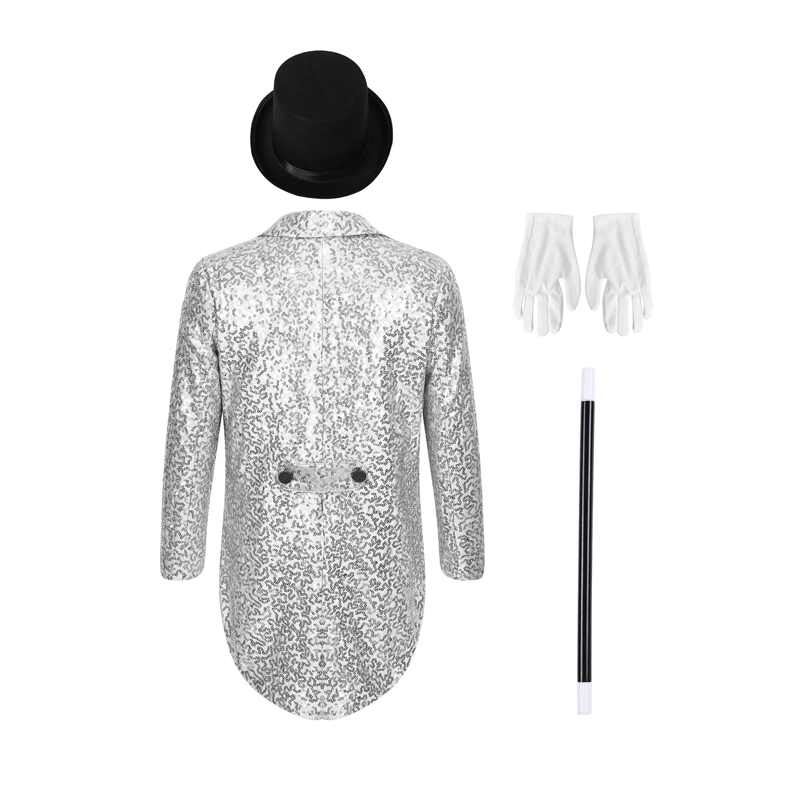 Kids Boys Halloween Carnival Magician Circus Ringmaster Cosplay Performance Costume Sequin Tailcoat Blazer with Hat Gloves Wand