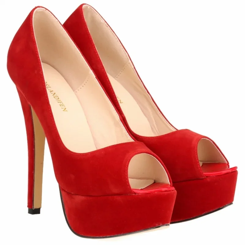 Zapatos de tacón alto de aguja para mujer, calzado Sexy de terciopelo con punta abierta, Plataforma para fiesta de noche, boda, oficina, color rojo