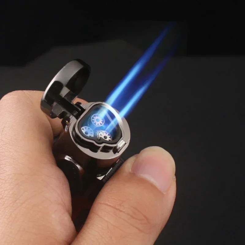 Transparent Visual Three-Flame Direct Cigar Lighter Windproof Inflatable Durable Baking Moxibustion Ignition Tool for Cigars