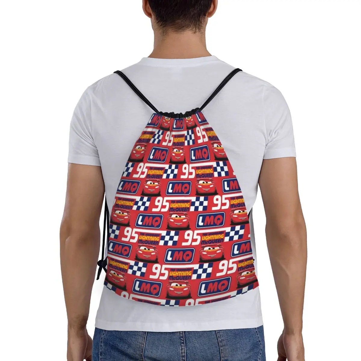 Bolsas con cordón personalizadas Lightning McQueen, mochilas portátiles para deportes de gimnasio para hombres y mujeres, mochilas de almacenamiento para entrenamiento de coche en stock ficticio