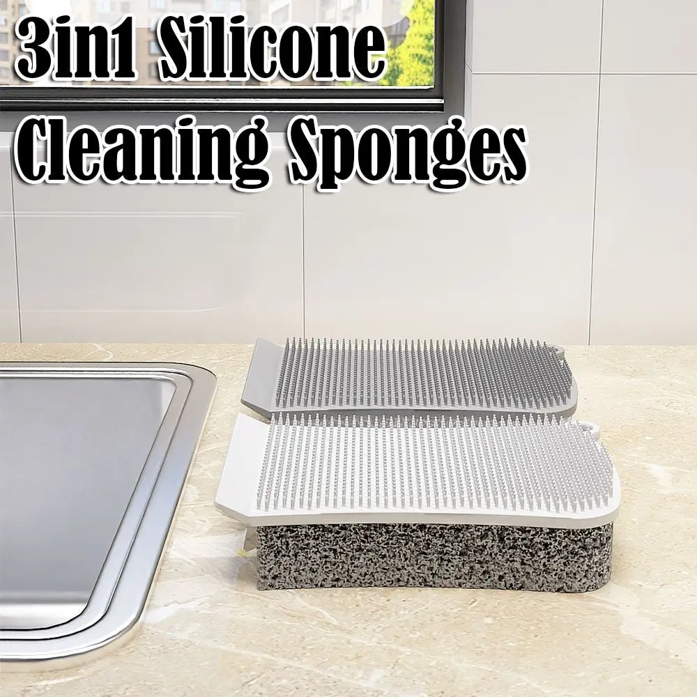

Новая силиконовая чистящая губка 3 в 1, двусторонняя многоразовая чистящая щетка, кухонная губка, салфетки, инструмент для очистки