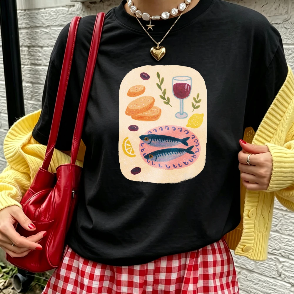 Hand Drawn French Cuisine Sardines Red Wine Toast Lemon Olive Art Print Women Cotton T Shirt European Food Lover Casual Tops Tee