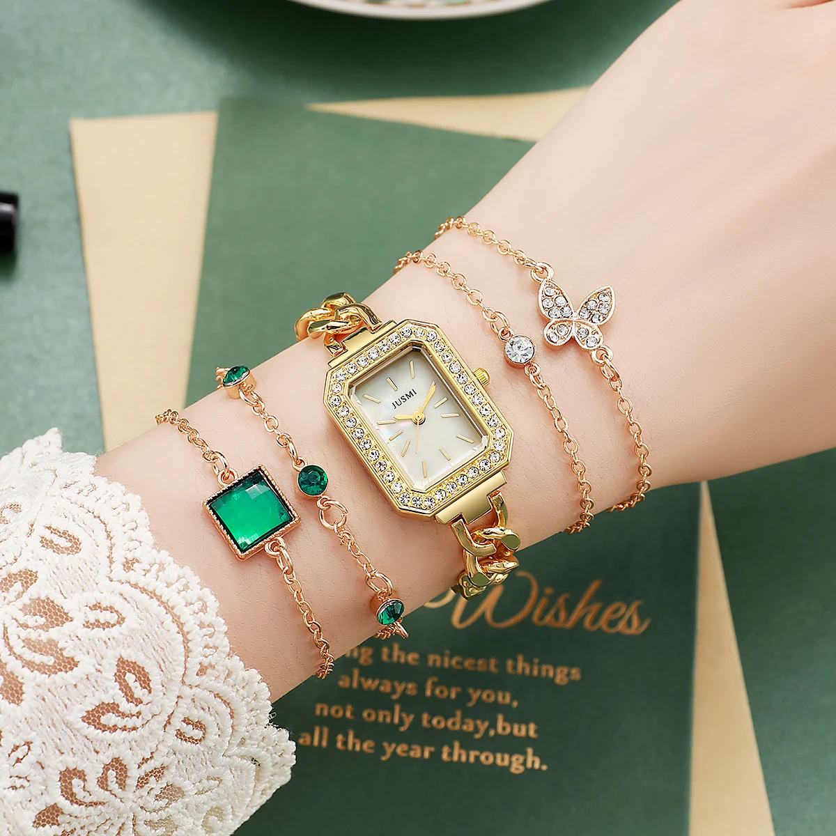 Women\'s personalized square Watch Emerald set with gemstones Fashion multi-layer bracelet Butterfly diamond bracelet set