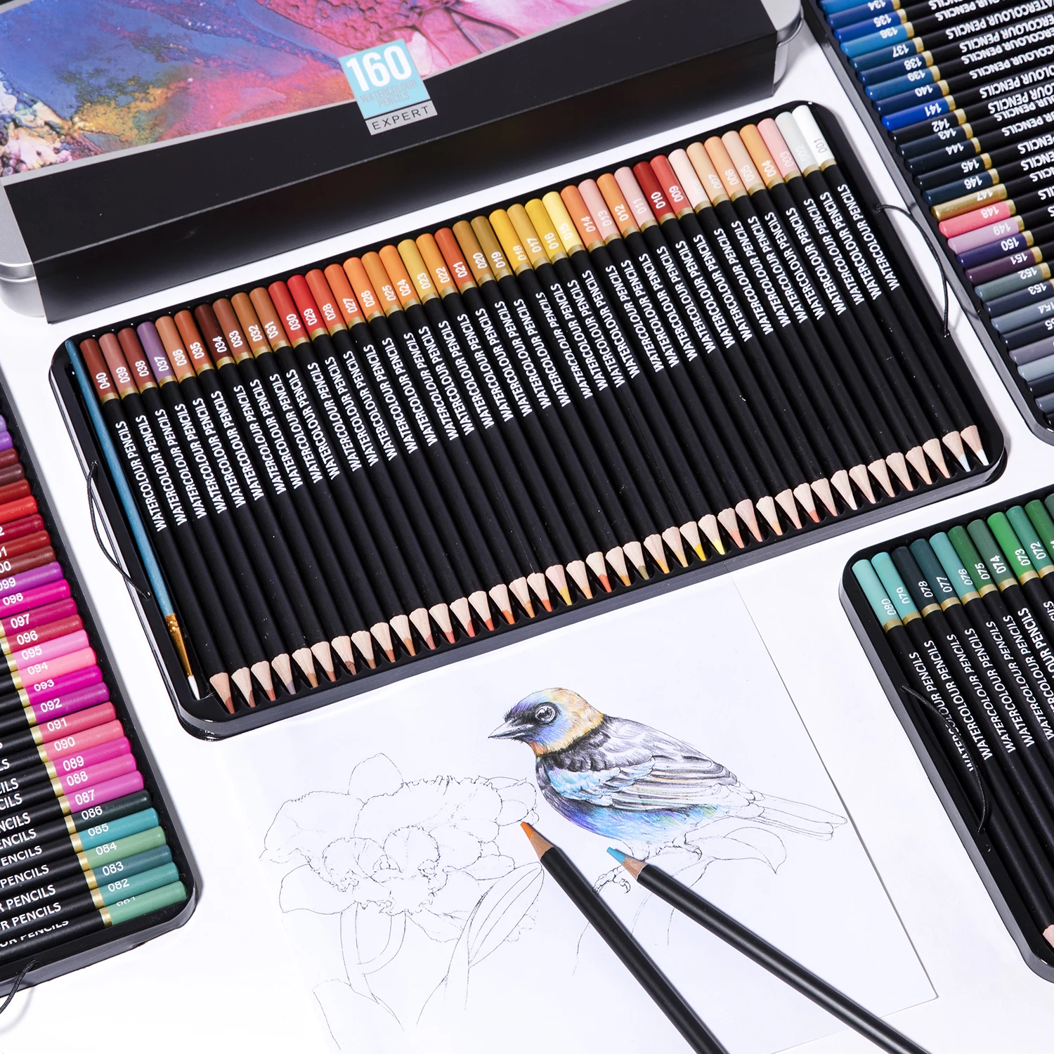 أقلام ألوان مائية/أقلام تلوين، مجموعة من 48-160 قلم رصاص ملون احترافي للبالغين، للتلوين والمزج والطبقات (صندوق القصدير)