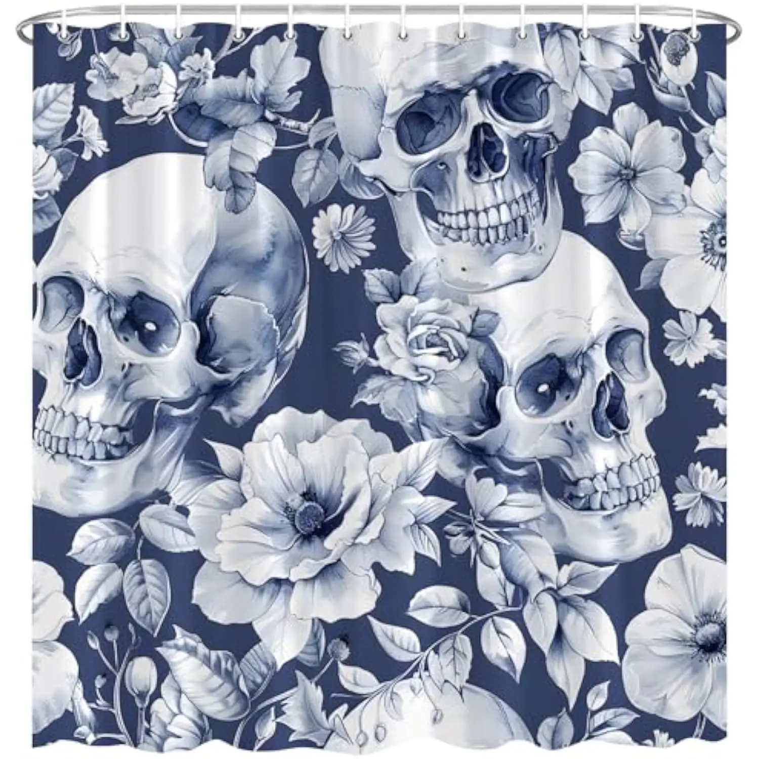 Blue Skull Flower Shower Curtain Vintage Skeleton Floral Gothic Spooky Halloween Polyester Fabric
