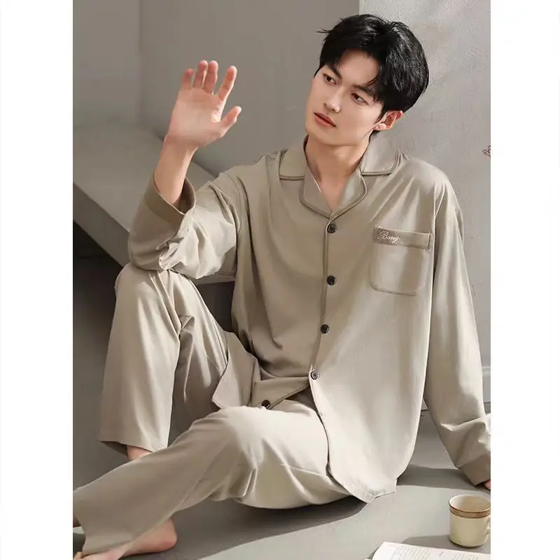بيجامات رجالية عالية المظهر ومتعددة الاستخدامات بأكمام طويلة، وأزرار، كاجوال ويمكن ارتداؤها، وملابس منزلية فضفاضة