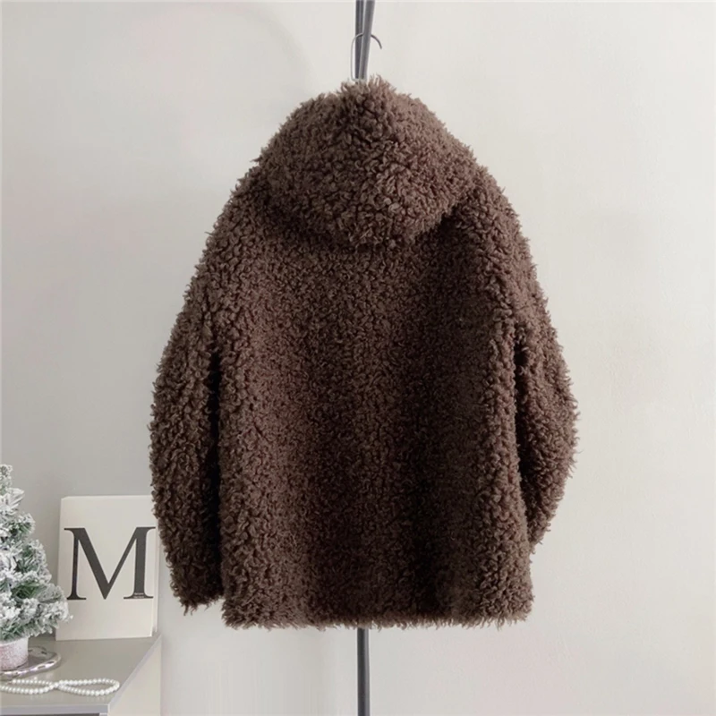 Abrigos con capucha de lana de cordero Real para mujer, abrigos largos medios de piel, chaquetas versátiles, bolsillos de botonadura única, abrigos gruesos y cálidos, Invierno