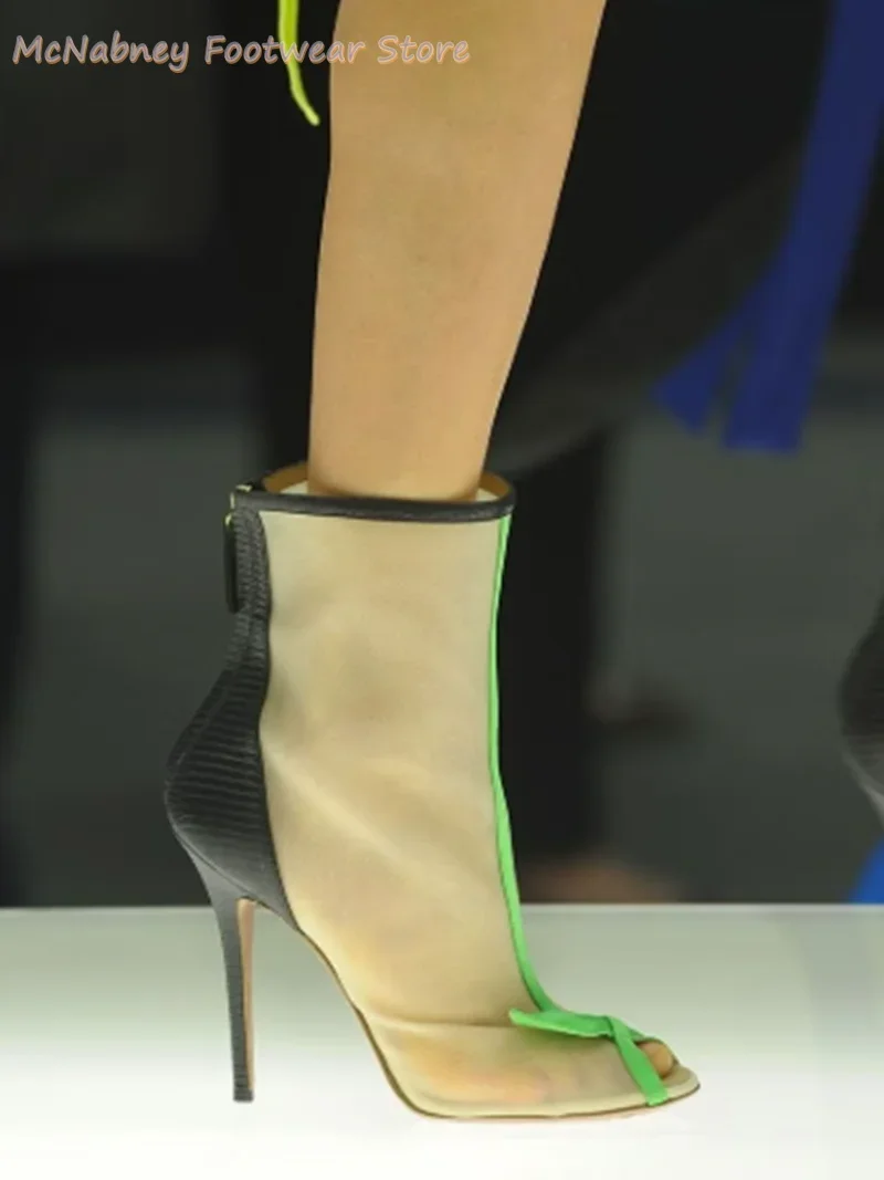 Summer Pointed Exposed Toes Green Leaves Decorate Mesh Ankle Boots Stilettos  Color-blocked Luxurious Women's Shoes For Banquets