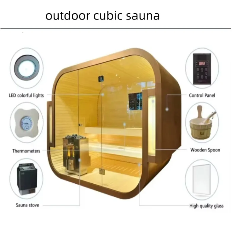 Cube Pod Outdoor Sauna Cabin, All‑Weather Solid Wood Dry Steam 4‑6 Person Oversized Glass Panel for Home Wellness Space