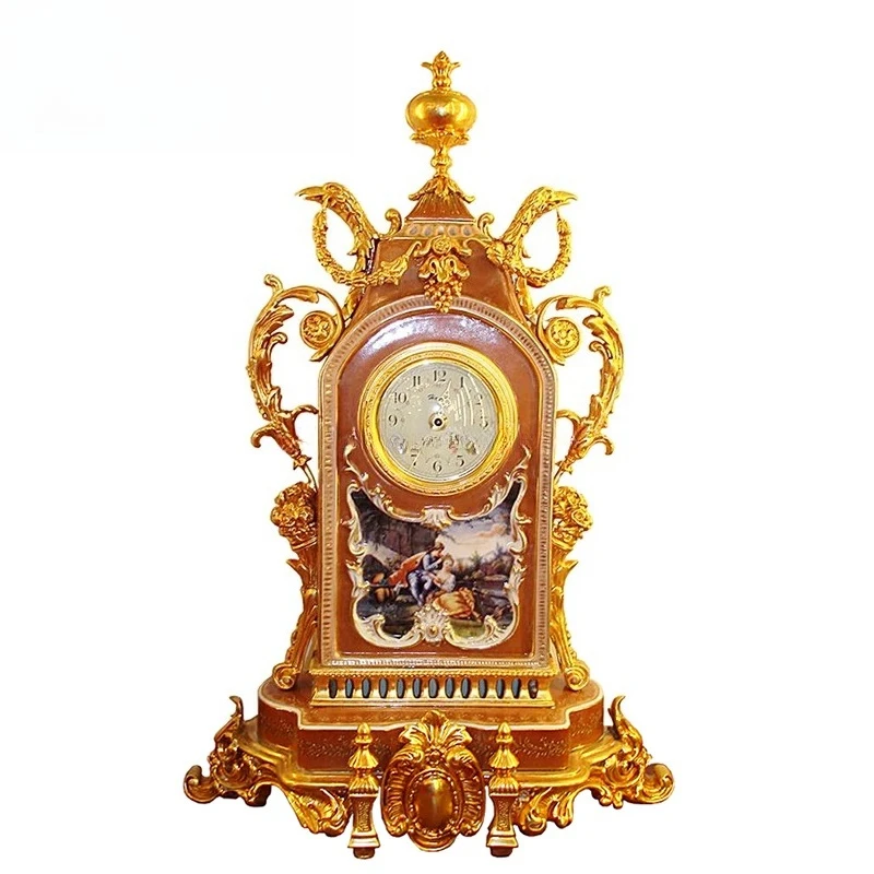 Retro Vintage European Designed Gilded Brass Mounted Brown Porcelain Mantel Clock for Table