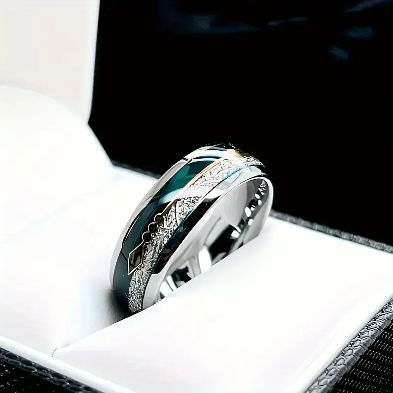 Wedding Ring, Green Agate Meteorite Tungsten Carbide Ring with Arrow Inlay, Men\'s and Women\'s Engagement Ring, 8Mm