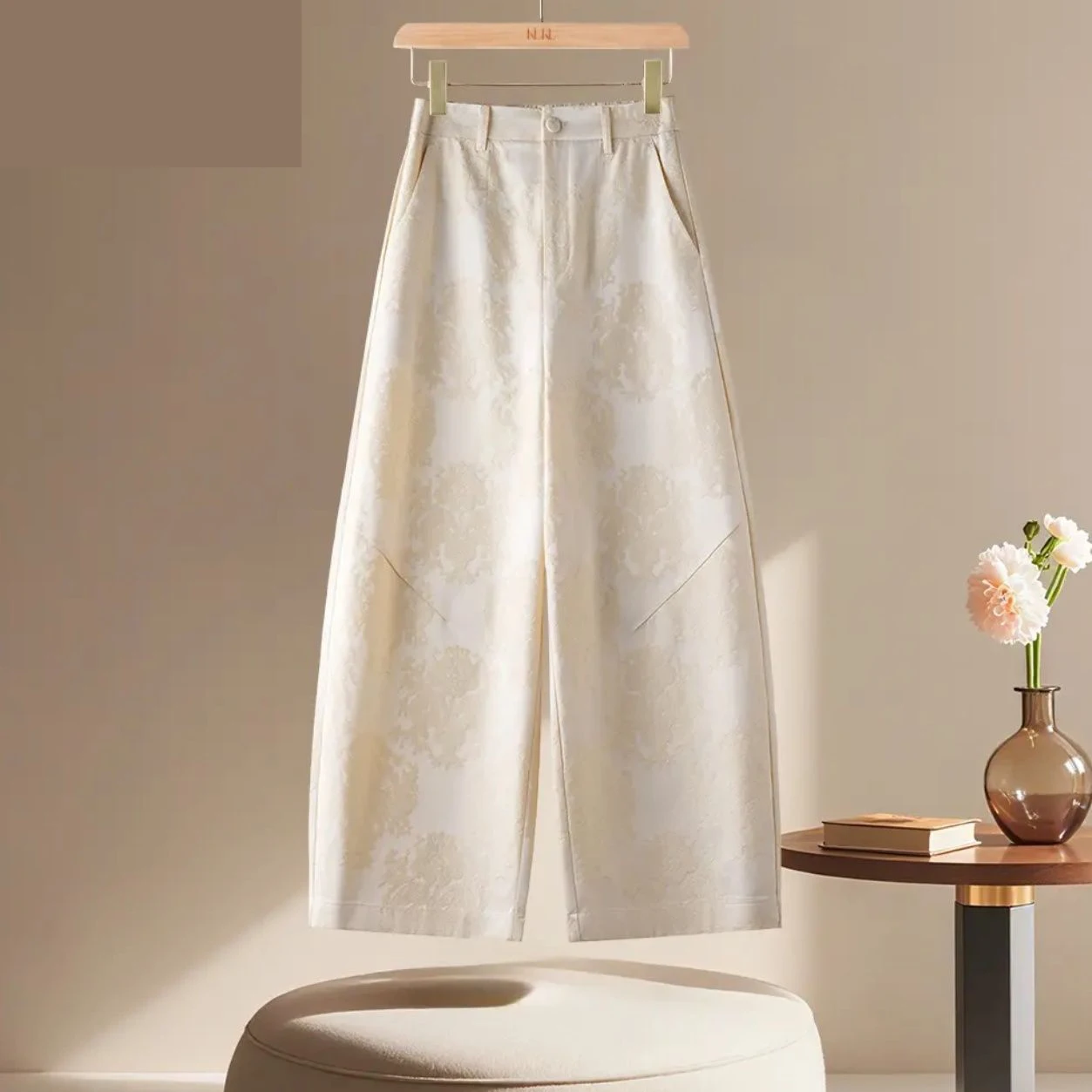 2026 New Chinese style autumn breathable loose jacquard fashion women's pants pocket straight nine-point pants casual pants