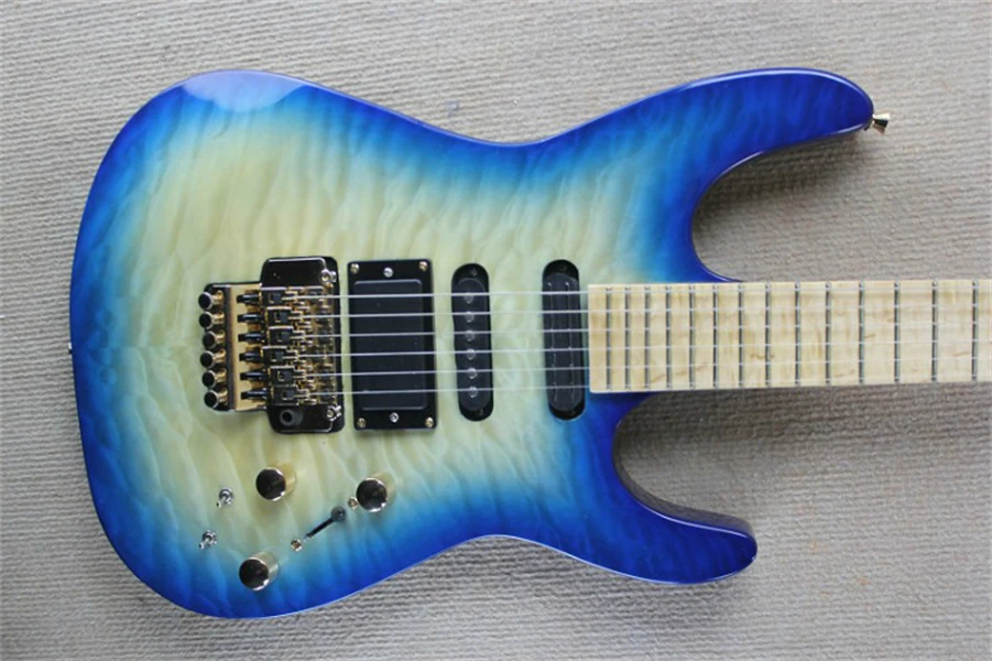 Flyoung Blue Quilted Maple Top Electric Guitar with Active Pickups,Gold Hardware,Offer Customize