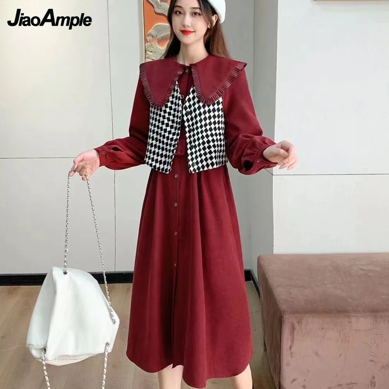 

French Women Graceful Plaid Vest Dress Spring Autumn Lady Elegant Turn-Down Collar Lucky Red Dresses 2022 New Daily Joker Gown