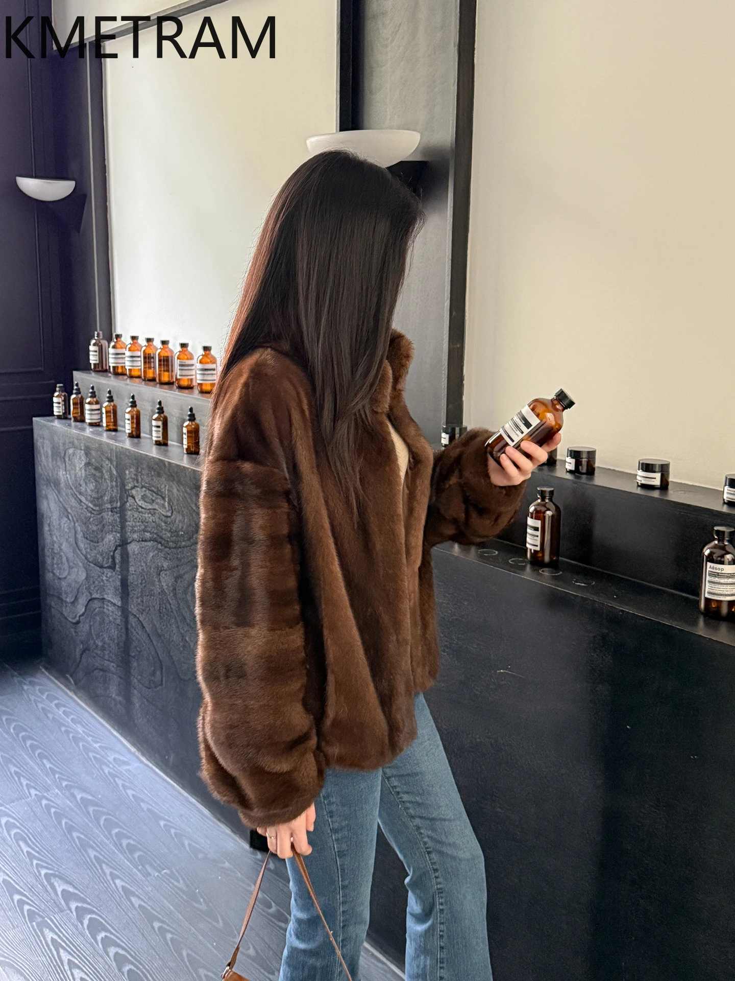 سترة KMETRAM 100% من فرو المنك المخملي للسيدات بياقة واقفة معطف قصير من الفرو الحقيقي عالي الجودة ملابس نسائية شتوية 2025 schuba femenska