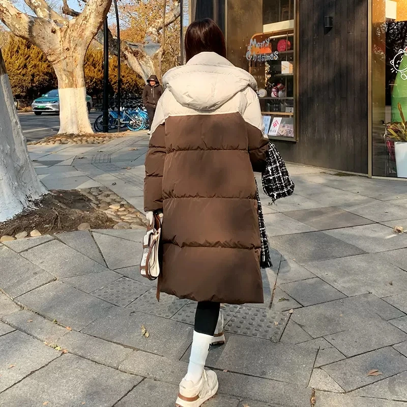 Women's Hooded Long Down Cotton Jacket Windproof Coat Color Contrast Thick Loose Girls Parker Winter Warm New 2024 Snow Outwear