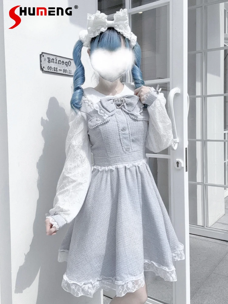 

Original Japanese Mines Style Lace Patchwork Long Sleeve Beaded Bow High Waist Sweet Lolita Tweed Short Dress for Women Autumn