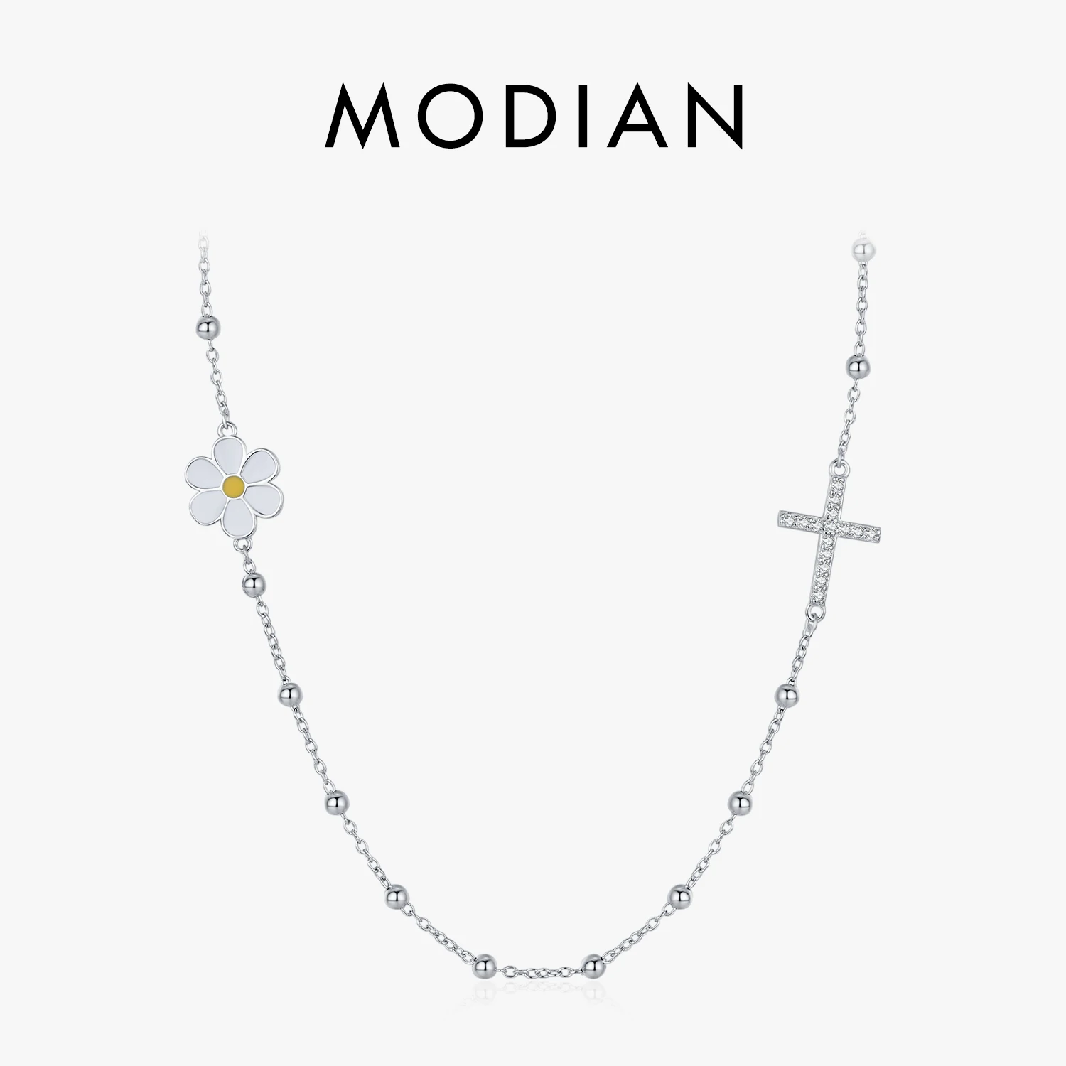 

MODIAN 925 Sterling Silver Classic Daisy & Cross Dazzling Choker Pendant Necklace Dainty Beads Link Chain For Women Jewelry