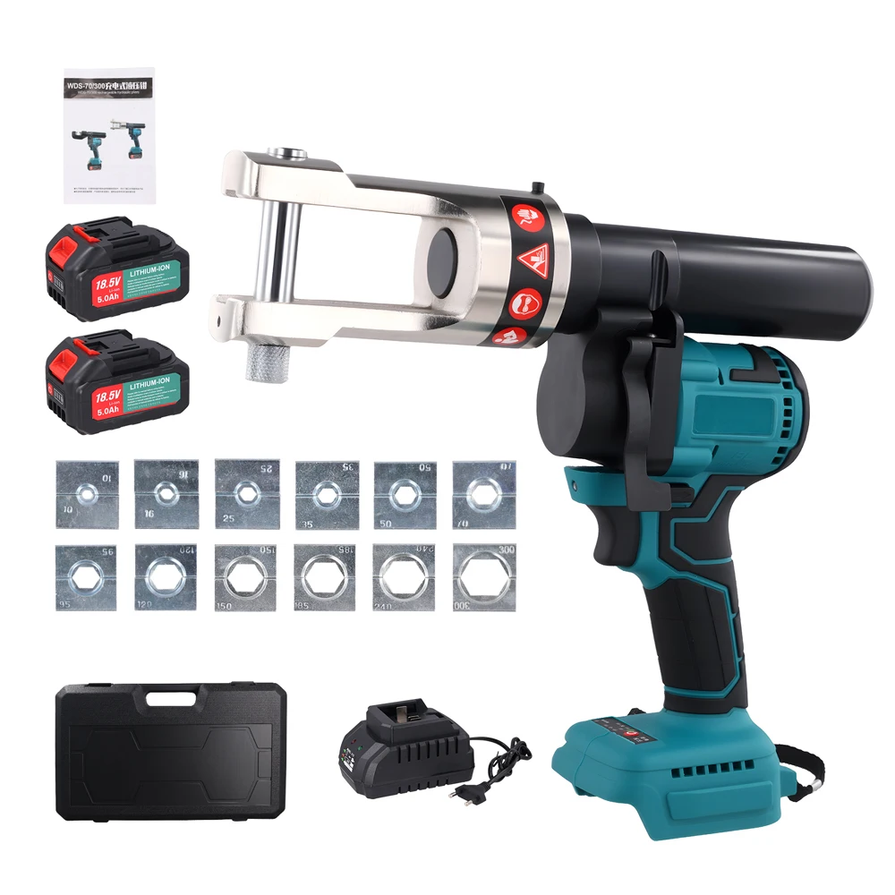 Podofo WDS 300 Elektrisches Hydraulisches Crimpwerkzeug 9 Tonnen Batteriebetriebener Kabelcrimper mit Smart-Chip-Schutz 11 Matrizen für Kupferklemmen-Crimp-Arbeiten