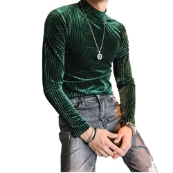 Velvet Turtleneck T-Shirt 2025 Fall Winter Slim Striped Casual T-Shirt Men Long Sleeve Tight T-Shirt Club Costume Camiseta Homme