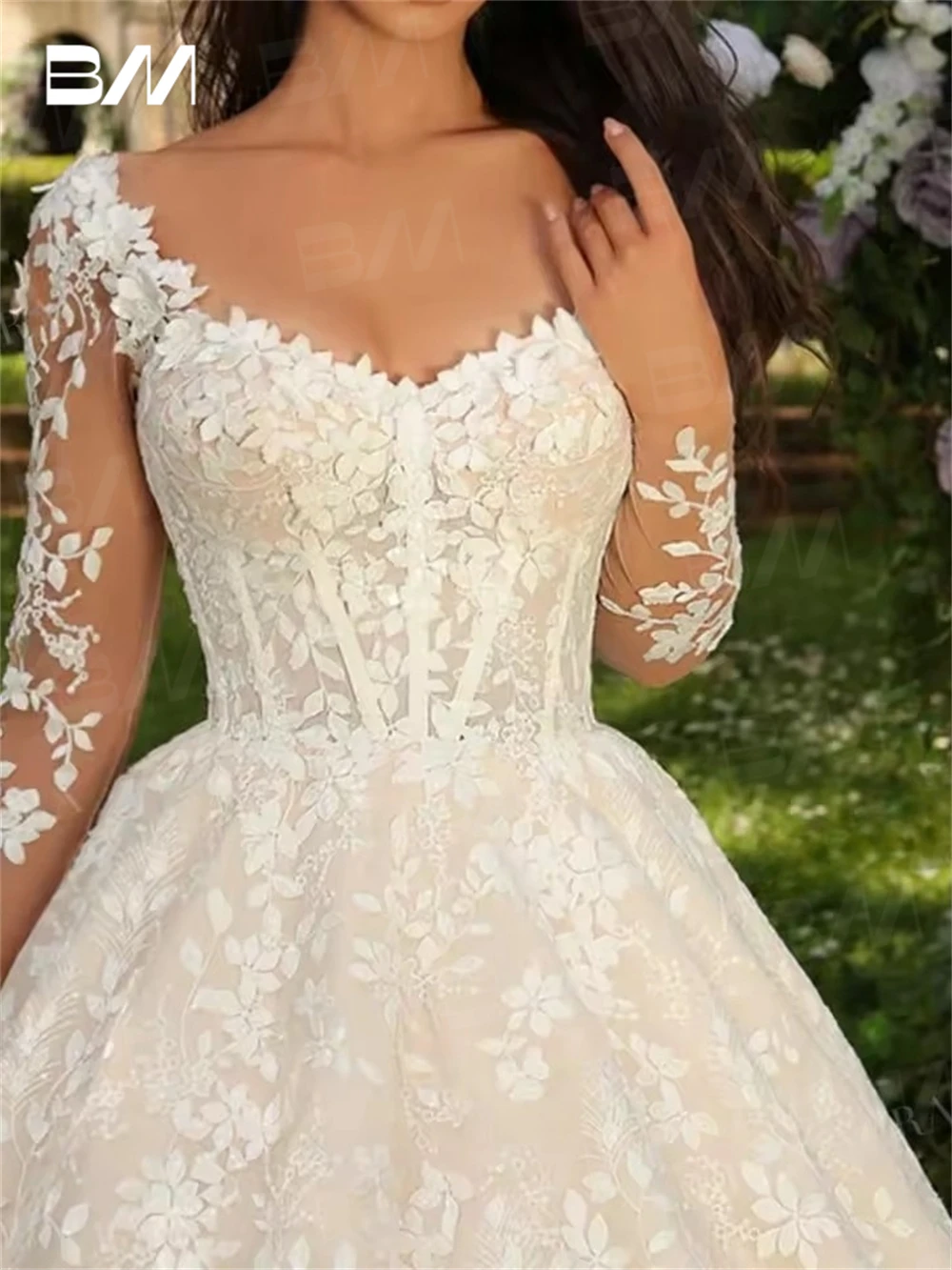 Vestidos de casamento linha a de renda doce para mulheres 2025, vestido de noiva personalizado com mangas de ilusão completa, vestido de noiva com cauda de corte