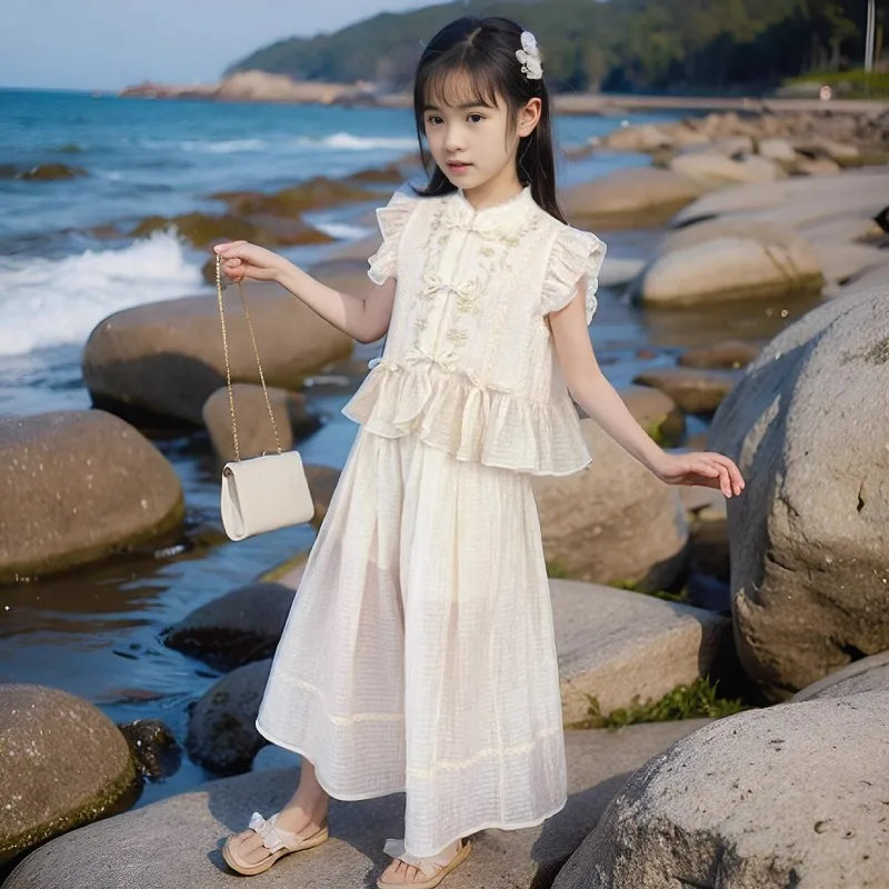 

Летний комплект для девочек: новый жилет и короткая юбка, 2 предмета, детский костюм, жилет + свободная короткая юбка, детская одежда, для детей 8 лет